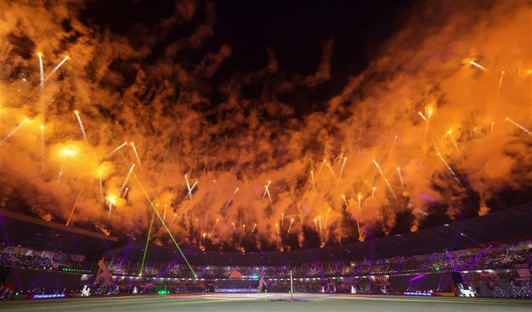 Glimpse of the inaugural function of the 37th National Games at Pandit Jawaharlal Nehru Stadium in Margao, Goa on October 26, 2023. PM addressing on the occasion.