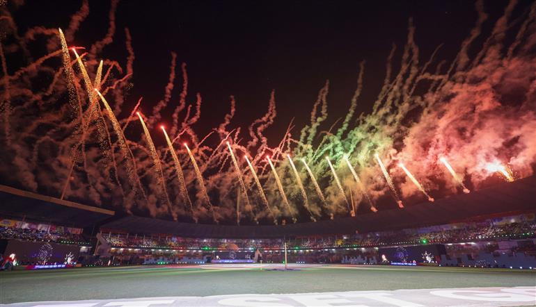 Glimpse of the inaugural function of the 37th National Games at Pandit Jawaharlal Nehru Stadium in Margao, Goa on October 26, 2023. PM addressing on the occasion.