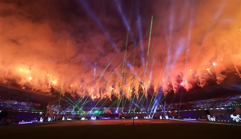 Glimpse of the inaugural function of the 37th National Games at Pandit Jawaharlal Nehru Stadium in Margao, Goa on October 26, 2023. PM addressing on the occasion.