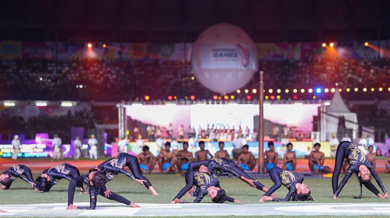 Glimpse of the inaugural function of the 37th National Games at Pandit Jawaharlal Nehru Stadium in Margao, Goa on October 26, 2023. PM addressing on the occasion.