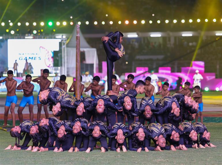 Glimpse of the inaugural function of the 37th National Games at Pandit Jawaharlal Nehru Stadium in Margao, Goa on October 26, 2023. PM addressing on the occasion.
