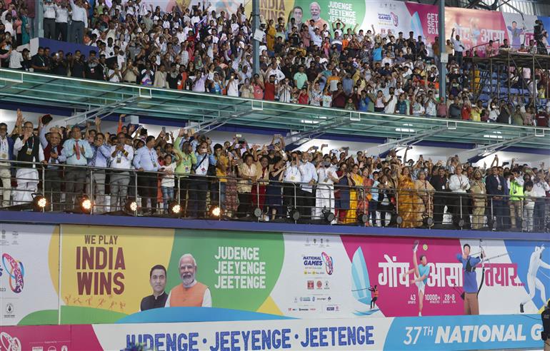 Glimpse of the inaugural function of the 37th National Games at Pandit Jawaharlal Nehru Stadium in Margao, Goa on October 26, 2023. PM addressing on the occasion.