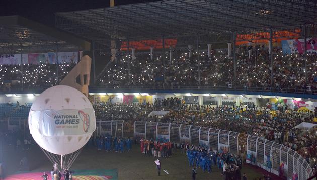 Glimpse of the inaugural function of the 37th National Games at Pandit Jawaharlal Nehru Stadium in Margao, Goa on October 26, 2023. PM addressing on the occasion.