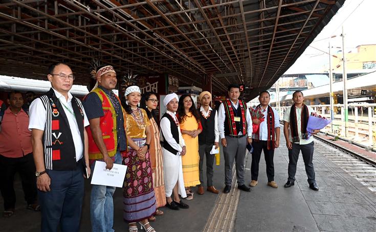 Meri Maati Mera Desh 2023 Amrit Kalash Yatra Delegation from Meghalaya and Nagaland arrive at New Delhi Railway Station, in New Delhi on October 27, 2023.