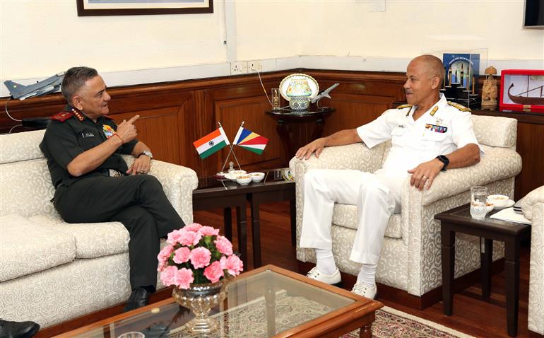 The Chief of Defence Force, Seychelles Brigadier Michael Rosette calls on the Chief of Defence Staff, General Anil Chauhan, in New Delhi on October 28, 2023.