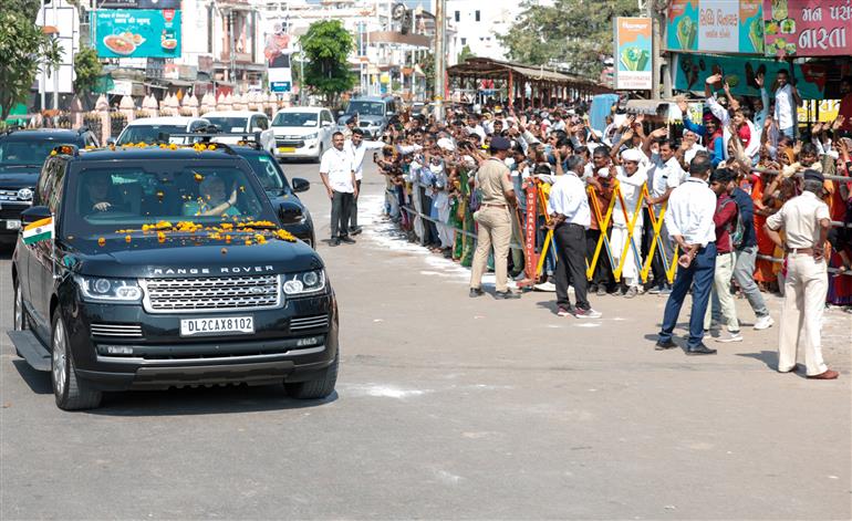 PM receives warm welcome by people on his arrival at Banaskantha, in Gujarat on October 30, 2023.