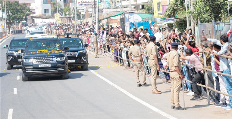 PM receives warm welcome by people on his arrival at Banaskantha, in Gujarat on October 30, 2023.