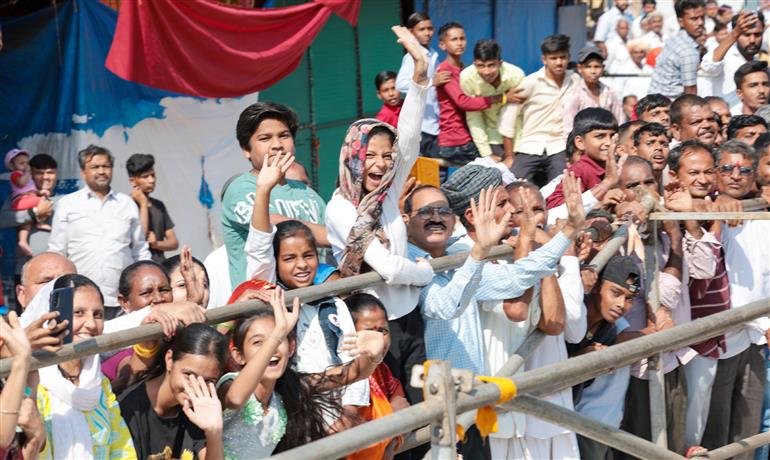 PM receives warm welcome by people on his arrival at Banaskantha, in Gujarat on October 30, 2023.