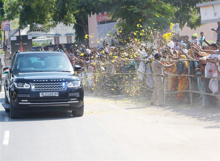 PM receives warm welcome by people on his arrival at Banaskantha, in Gujarat on October 30, 2023.