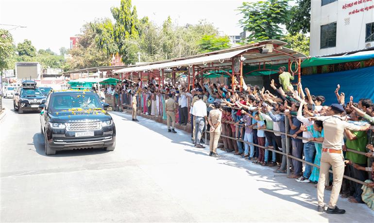 PM receives warm welcome by people on his arrival at Banaskantha, in Gujarat on October 30, 2023.