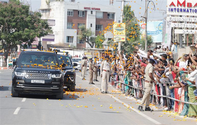 PM receives warm welcome by people on his arrival at Banaskantha, in Gujarat on October 30, 2023.