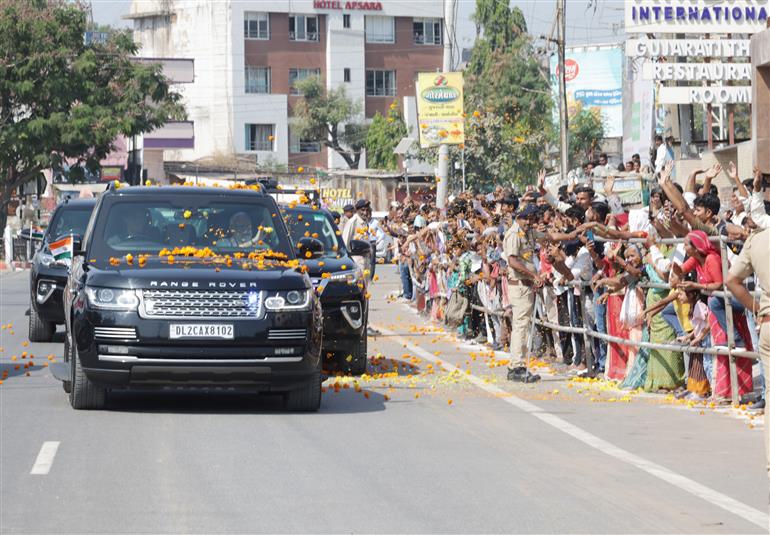 PM receives warm welcome by people on his arrival at Banaskantha, in Gujarat on October 30, 2023.