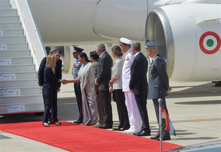 The Prime Minister of Italy, Ms. Giorgia Meloni receives warm welcome by the Union Minister of State for Agriculture & Farmers’ Welfare, Smt. Shobha Karandlaje on her arrival for the G20 Summit at Palam Airforce Airport, in New Delhi on September 08, 2023.
