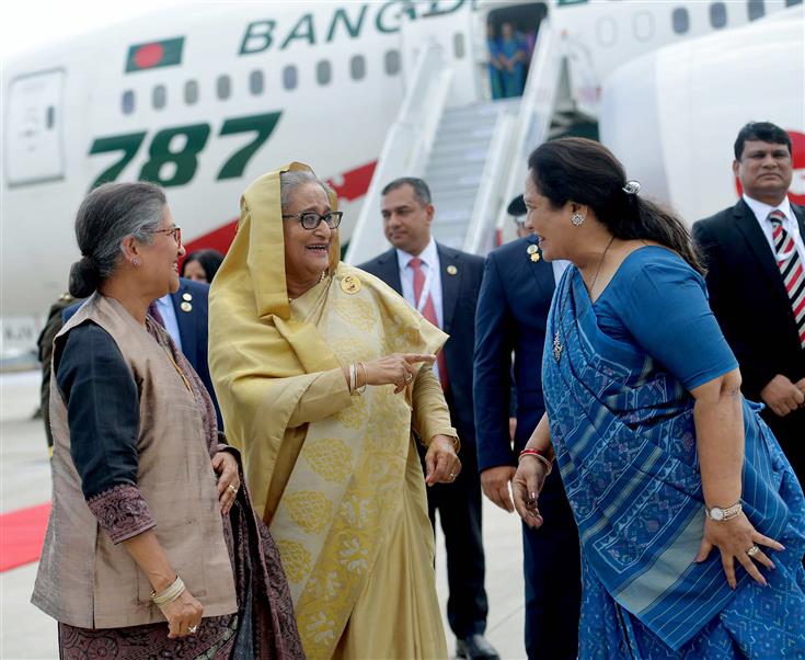 The Prime Minister of Bangladesh, Smt. Sheikh Hasina receives warm welcome by the Union Minister of State for Railways and Textiles, Smt. Darshana Jardosh on her arrival for the G20 Summit at Palam Airforce Airport, in New Delhi on September 08, 2023.