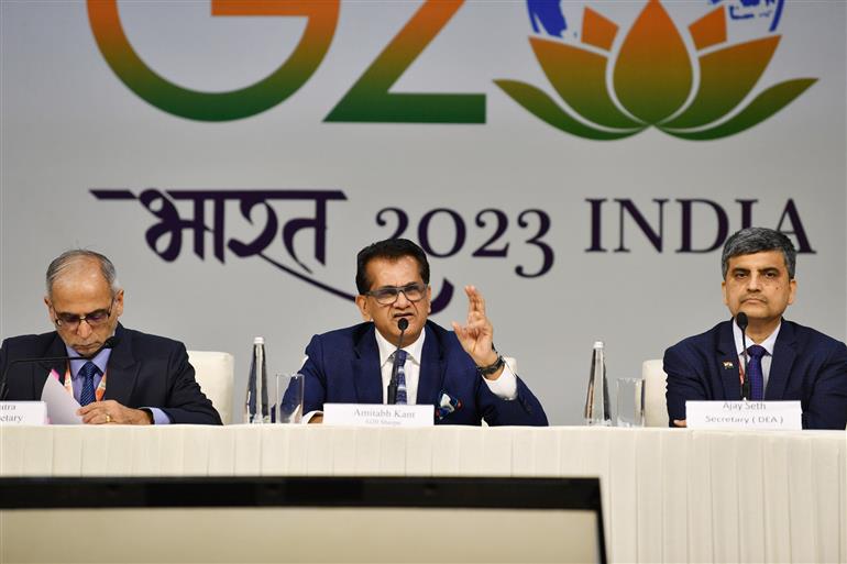 G20 Sherpa, Shri Amitabh Kant briefing the media at Pre-Summit under India’s G20 Presidency, in New Delhi on September 08, 2023.