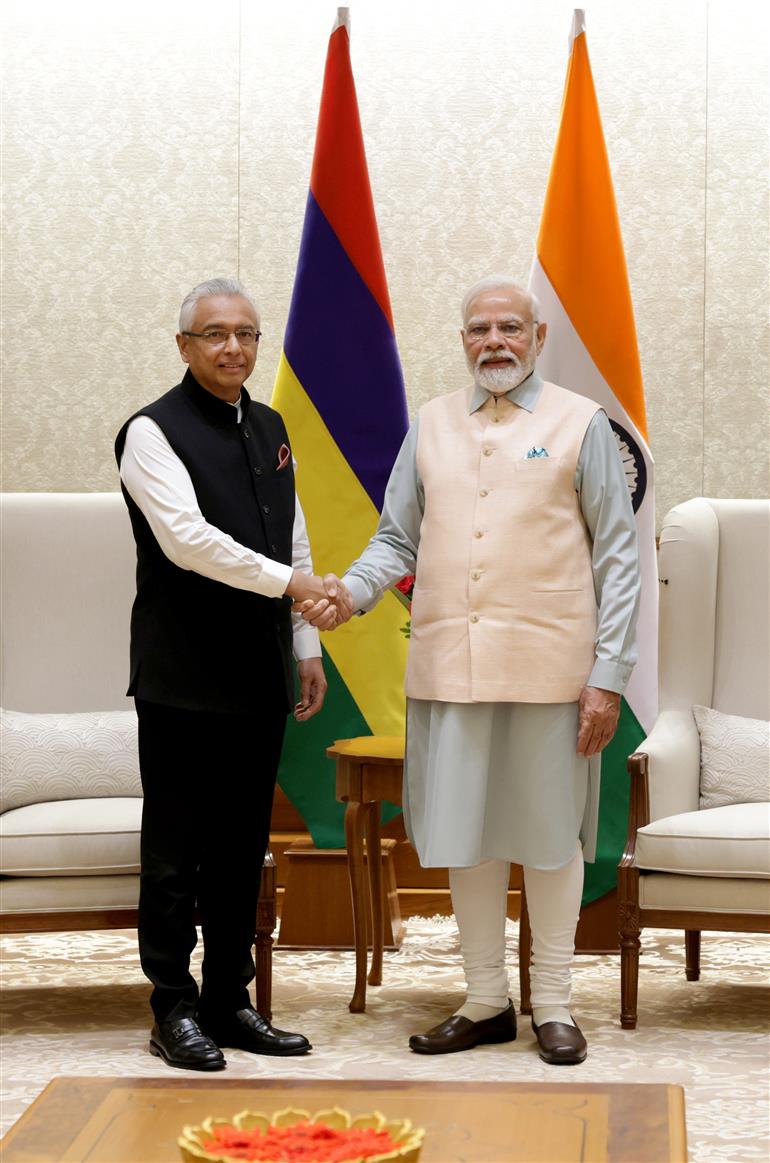 PM in a bilateral meeting with the Prime Minister of Mauritius, Mr. Pravind Kumar Jugnauth, in New Delhi on September 08, 2023.