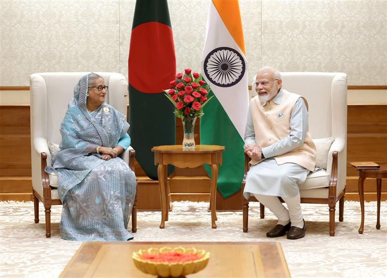 PM in a bilateral meeting with the Prime Minister of Bangladesh, Ms. Sheikh Hasina, in New Delhi on September 08, 2023.