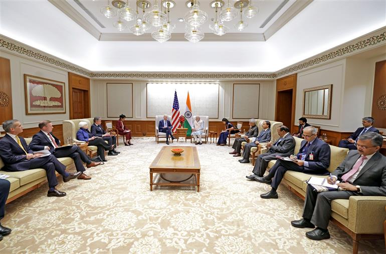 PM in a bilateral meeting with the President of the United States, Mr. Joe Biden, in New Delhi on September 08, 2023.