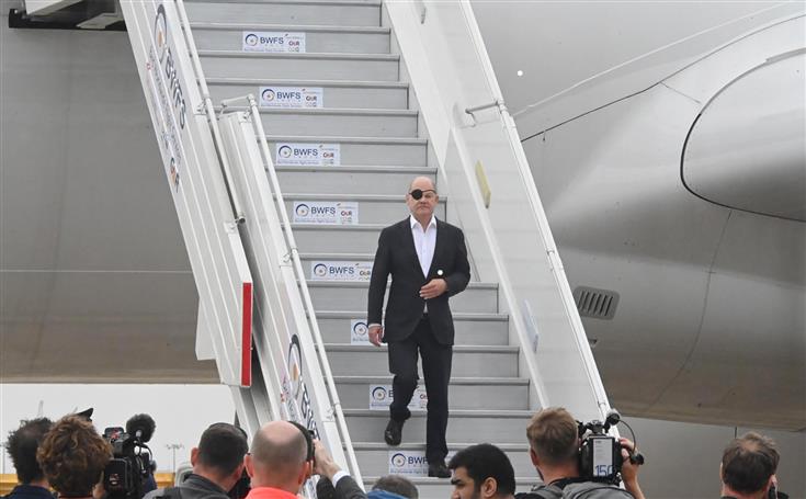 The Chancellor of Germany, Mr. Olaf Scholz arrives for the G20 Summit at Palam Air Force Station, in New Delhi on September 09, 2023.