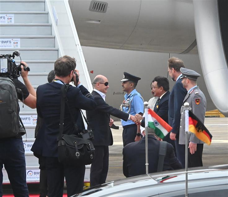 The Chancellor of Germany, Mr. Olaf Scholz arrives for the G20 Summit at Palam Air Force Station, in New Delhi on September 09, 2023.