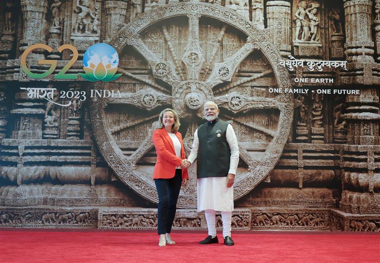 PM receives world leaders at G20 Summit, in Bharat Mandapam (Pragati Maidan), New Delhi on September 09, 2023.