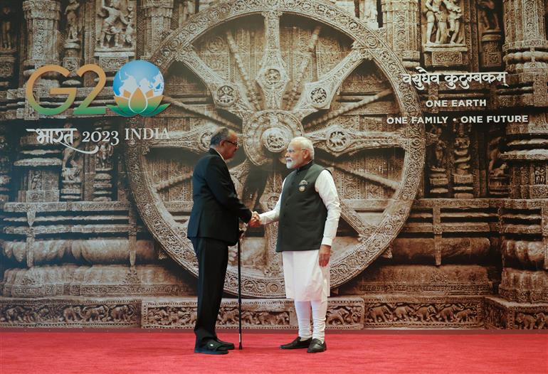 PM receives world leaders at G20 Summit, in Bharat Mandapam (Pragati Maidan), New Delhi on September 09, 2023.