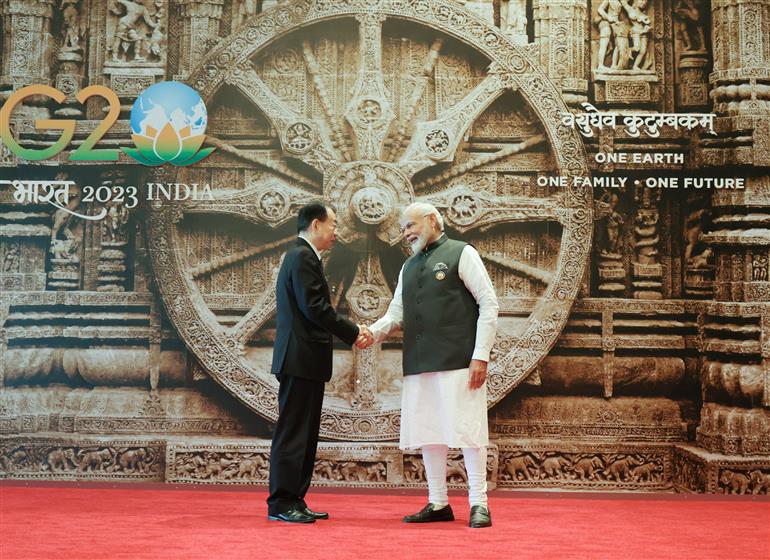 PM receives world leaders at G20 Summit, in Bharat Mandapam (Pragati Maidan), New Delhi on September 09, 2023.