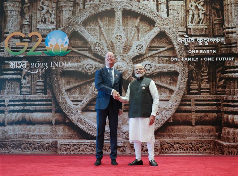 PM receives world leaders at G20 Summit, in Bharat Mandapam (Pragati Maidan), New Delhi on September 09, 2023.