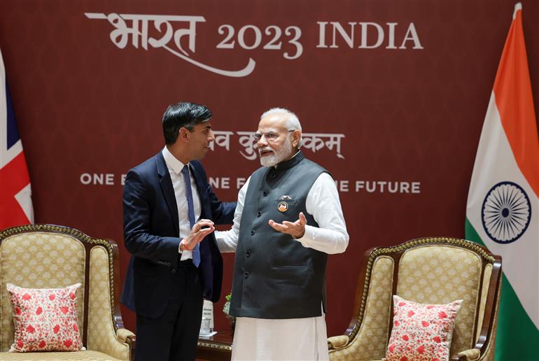 PM in a bilateral meeting with the Prime Minister of the United Kingdom, Mr. Rishi Sunak during G20 Summit, in New Delhi on September 09, 2023.