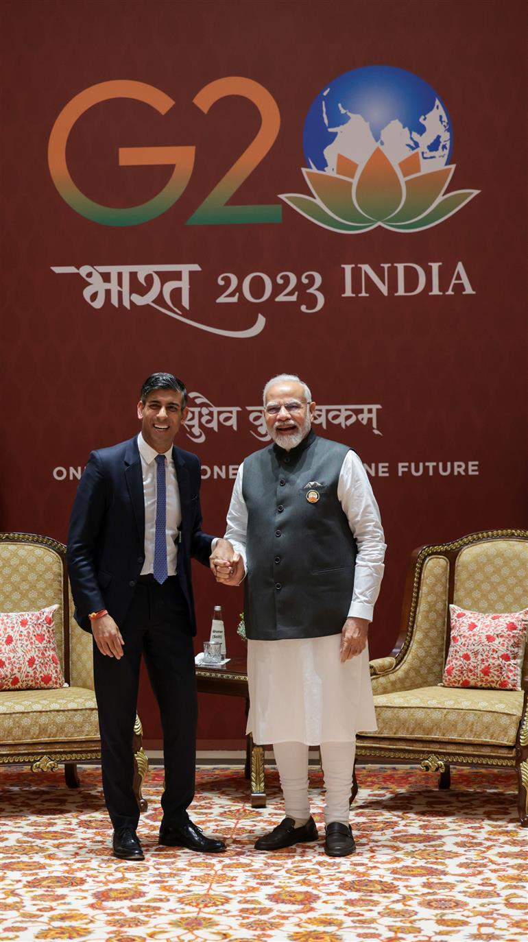 PM in a bilateral meeting with the Prime Minister of the United Kingdom, Mr. Rishi Sunak during G20 Summit, in New Delhi on September 09, 2023.