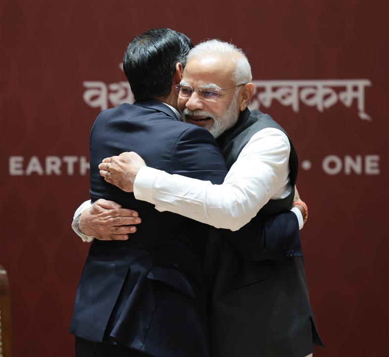 PM in a bilateral meeting with the Prime Minister of the United Kingdom, Mr. Rishi Sunak during G20 Summit, in New Delhi on September 09, 2023.