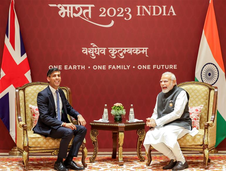 PM in a bilateral meeting with the Prime Minister of the United Kingdom, Mr. Rishi Sunak during G20 Summit, in New Delhi on September 09, 2023.