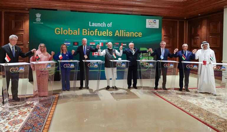 PM at the launch of ‘Global Biofuels Alliance’ with world leaders during G20 Summit at Bharat Mandapam, in Pragati Maidan, New Delhi on September 09, 2023.