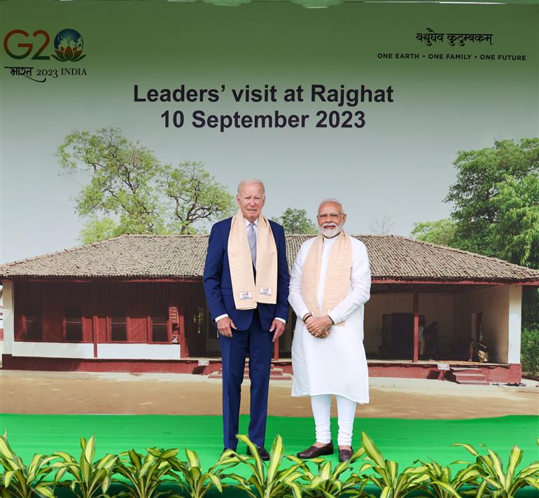 PM and G20 leaders visit at Rajghat, in New Delhi on September 10, 2023.