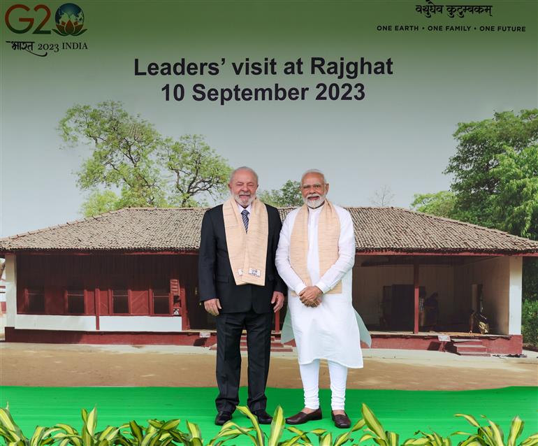 PM and G20 leaders visit at Rajghat, in New Delhi on September 10, 2023.