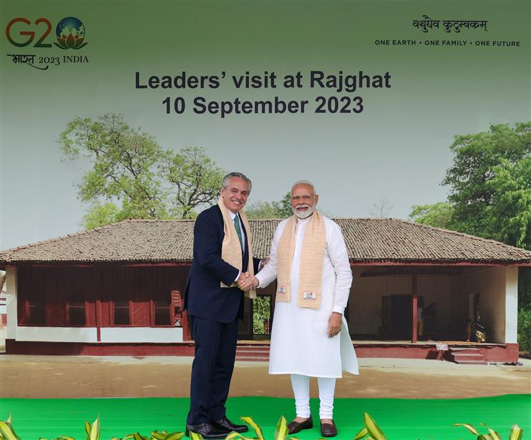 PM and G20 leaders visit at Rajghat, in New Delhi on September 10, 2023.