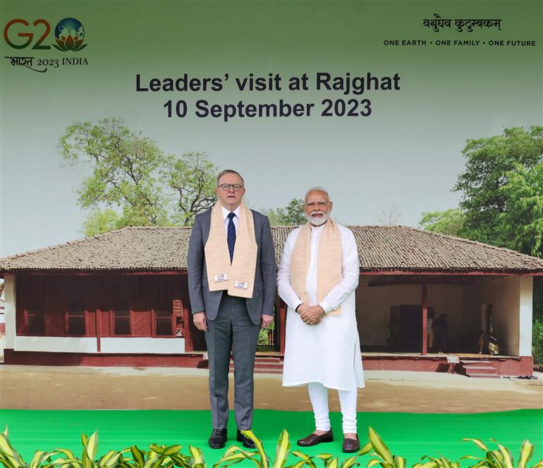 PM and G20 leaders visit at Rajghat, in New Delhi on September 10, 2023.