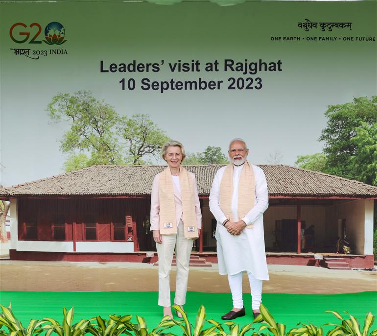 PM and G20 leaders visit at Rajghat, in New Delhi on September 10, 2023.