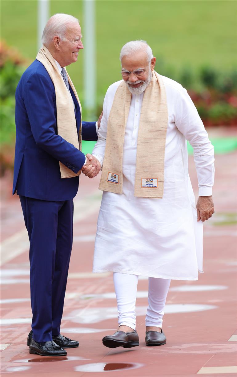 PM and G20 leaders arrive the Samadhi of Mahatma Gandhi at Rajghat, in New Delhi on September 10, 2023.