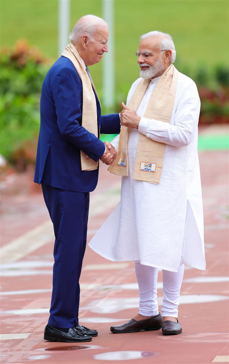 PM and G20 leaders arrive the Samadhi of Mahatma Gandhi at Rajghat, in New Delhi on September 10, 2023.