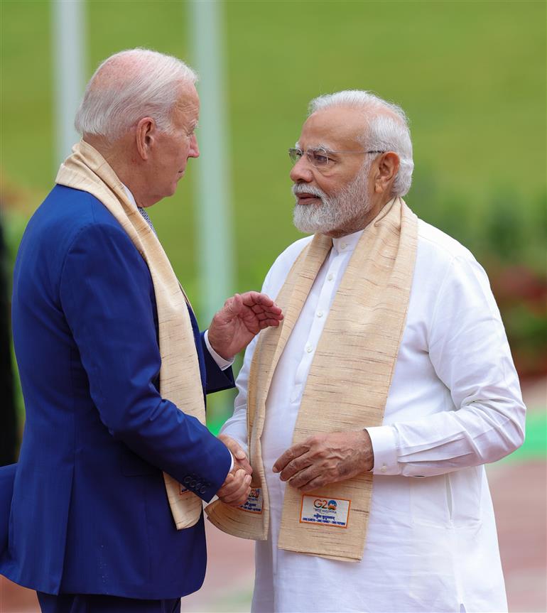 PM and G20 leaders arrive the Samadhi of Mahatma Gandhi at Rajghat, in New Delhi on September 10, 2023.