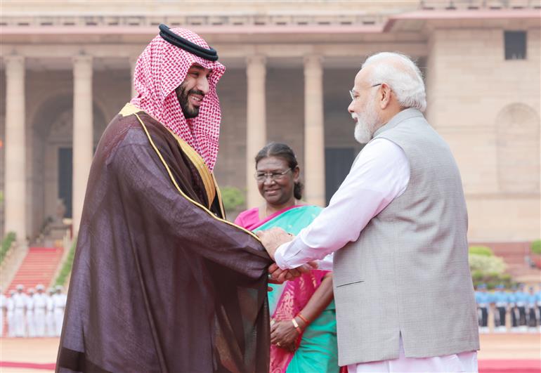 The President of India, Smt. Droupadi Murmu and PM attend the Ceremonial Reception of the Crown Prince and the Prime Minister of Saudi Arabia Mohammed bin Salman bin Abdulaziz Al Saud at Rashtrapati Bhawan, in New Delhi on September 11, 2023.