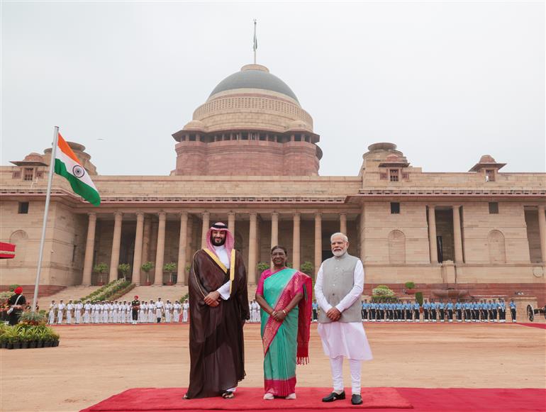 The President of India, Smt. Droupadi Murmu and PM attend the Ceremonial Reception of the Crown Prince and the Prime Minister of Saudi Arabia Mohammed bin Salman bin Abdulaziz Al Saud at Rashtrapati Bhawan, in New Delhi on September 11, 2023.