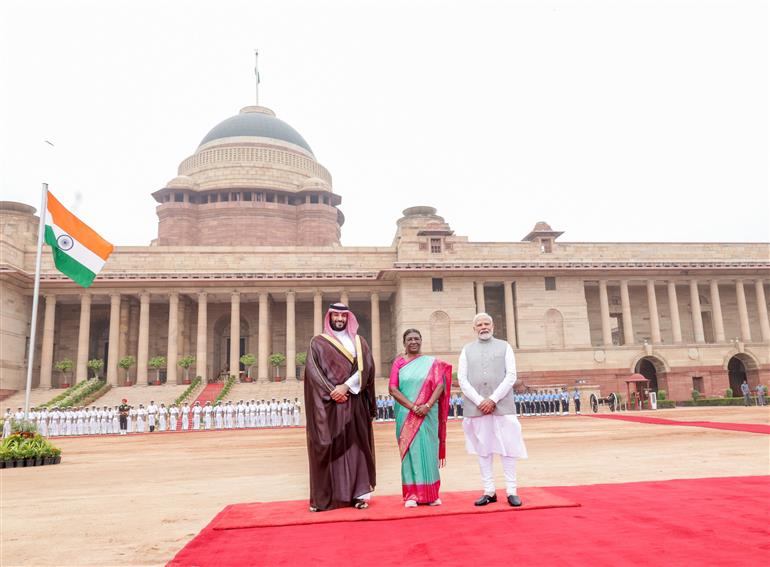 The President of India, Smt. Droupadi Murmu and PM attend the Ceremonial Reception of the Crown Prince and the Prime Minister of Saudi Arabia Mohammed bin Salman bin Abdulaziz Al Saud at Rashtrapati Bhawan, in New Delhi on September 11, 2023.