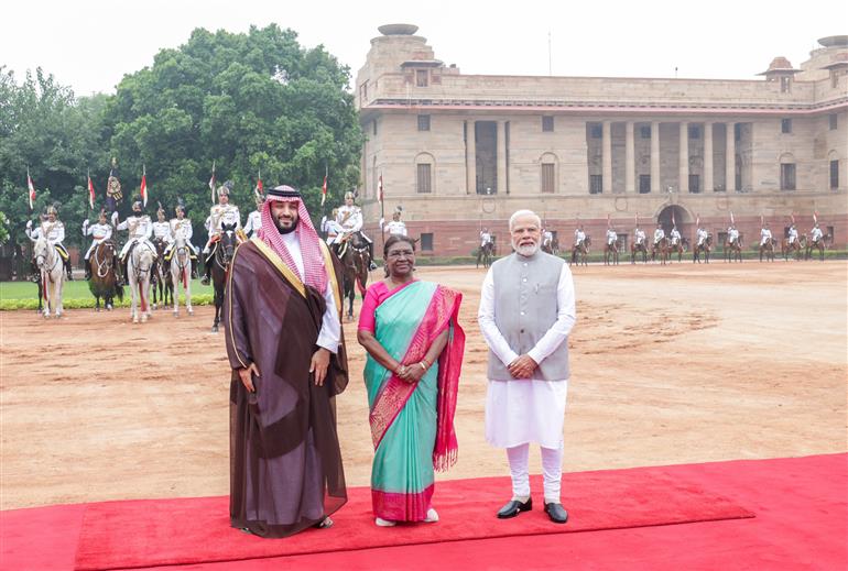 The President of India, Smt. Droupadi Murmu and PM attend the Ceremonial Reception of the Crown Prince and the Prime Minister of Saudi Arabia Mohammed bin Salman bin Abdulaziz Al Saud at Rashtrapati Bhawan, in New Delhi on September 11, 2023.