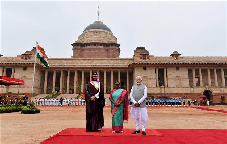 The President of India, Smt. Droupadi Murmu and PM attend the Ceremonial Reception of the Crown Prince and the Prime Minister of Saudi Arabia Mohammed bin Salman bin Abdulaziz Al Saud at Rashtrapati Bhawan, in New Delhi on September 11, 2023.
