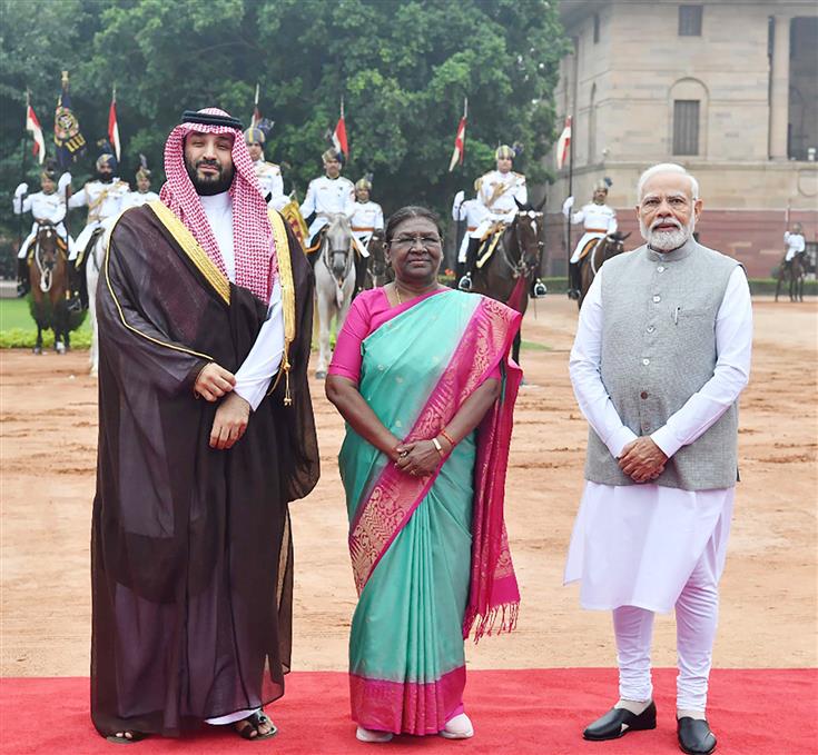 The President of India, Smt. Droupadi Murmu and PM attend the Ceremonial Reception of the Crown Prince and the Prime Minister of Saudi Arabia Mohammed bin Salman bin Abdulaziz Al Saud at Rashtrapati Bhawan, in New Delhi on September 11, 2023.