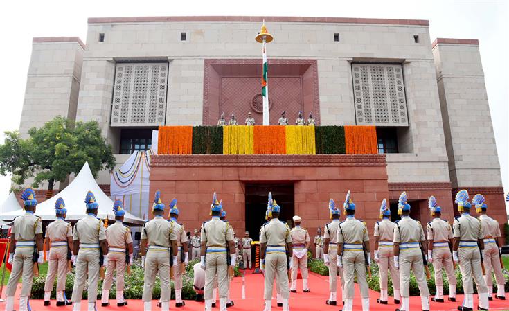 The Vice President and Chairman of Rajya Sabha, Shri Jagdeep Dhankhar hoists the National flag at the Gaja Dwar of the New Parliament Building in presence of the Speaker of Lok Sabha, Shri Om Birla, in New Delhi on September 17, 2023.