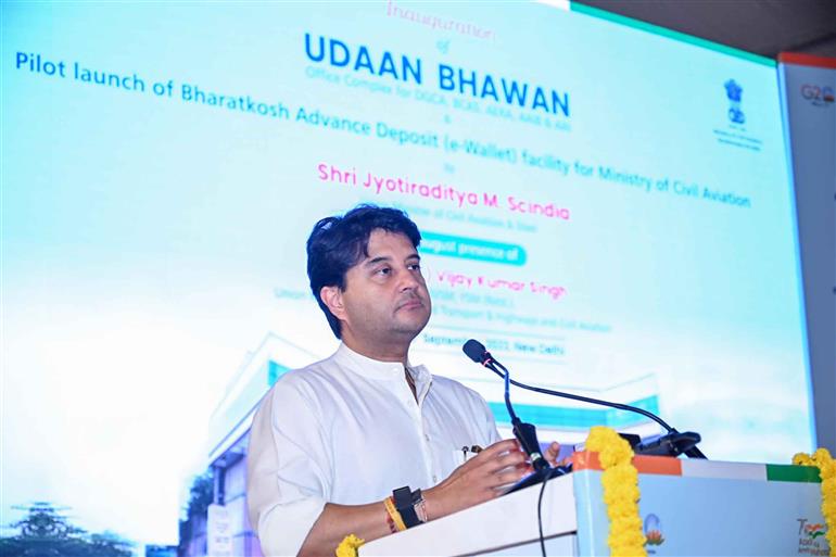 The Union Minister of Steel and Civil Aviation, Shri Jyotiraditya M. Scindia addressing at the Udaan Bhawan & Bharatkosh E-Wallet inauguration and launch event at Safdarjung Airport, in New Delhi on September 18, 2023.