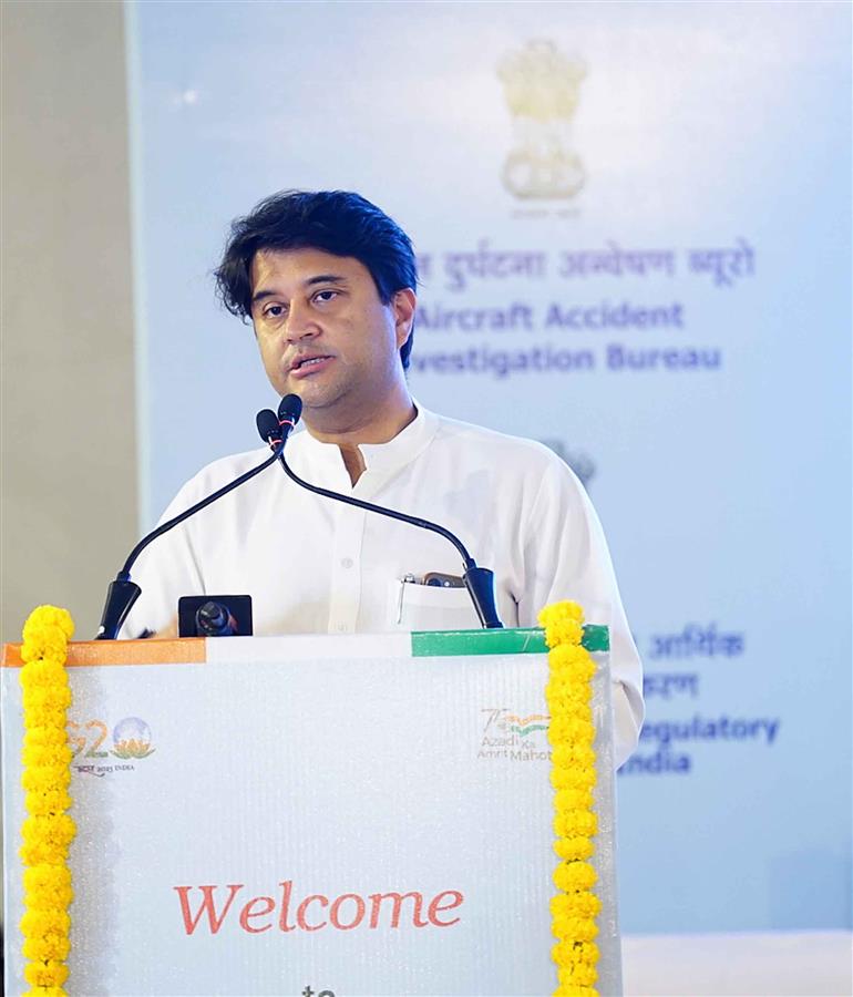 The Union Minister of Steel and Civil Aviation, Shri Jyotiraditya M. Scindia addressing at the Udaan Bhawan & Bharatkosh E-Wallet inauguration and launch event at Safdarjung Airport, in New Delhi on September 18, 2023.